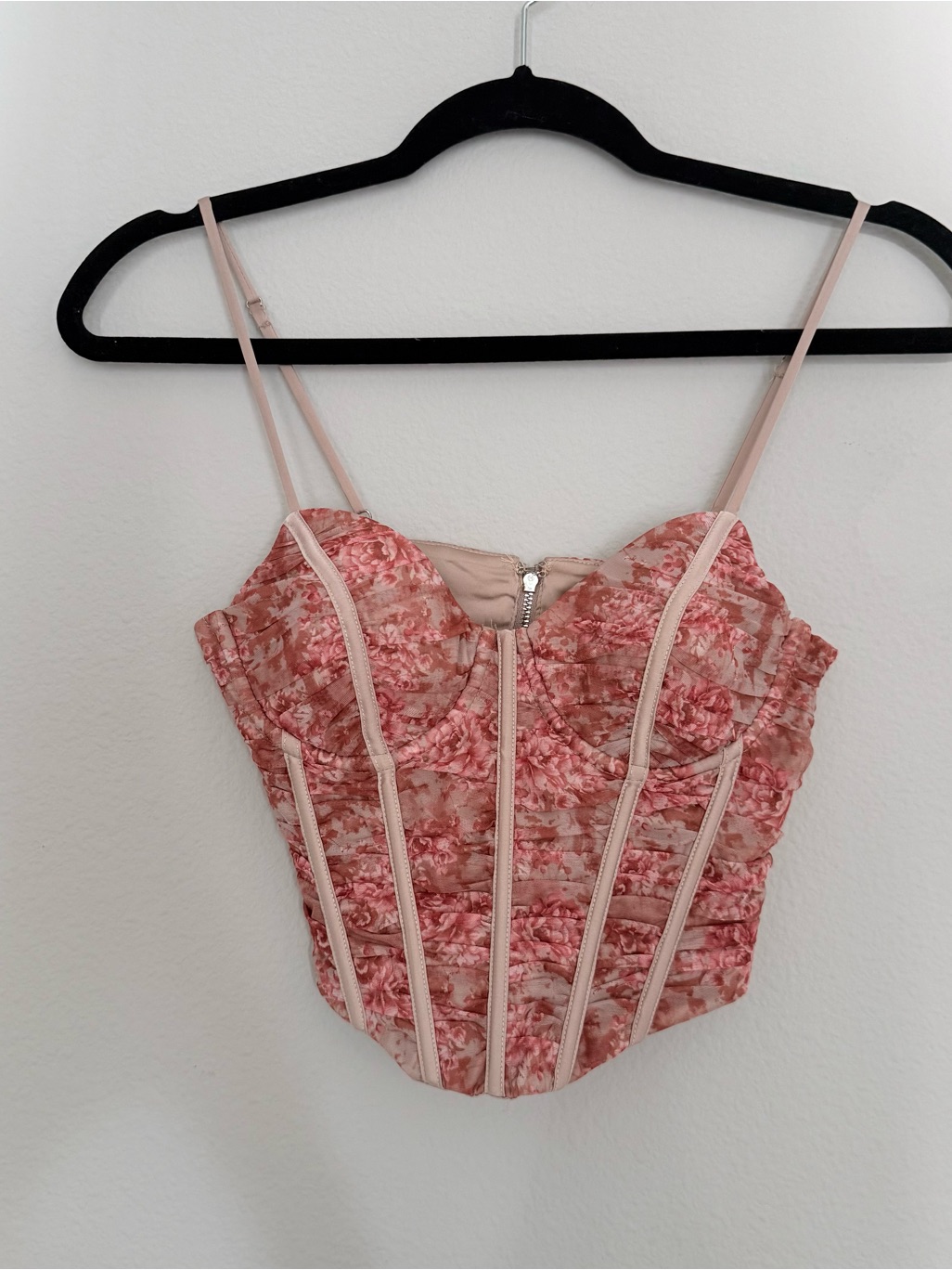 Oh Polly Rose Print Corset Crop Top In Blush Pink